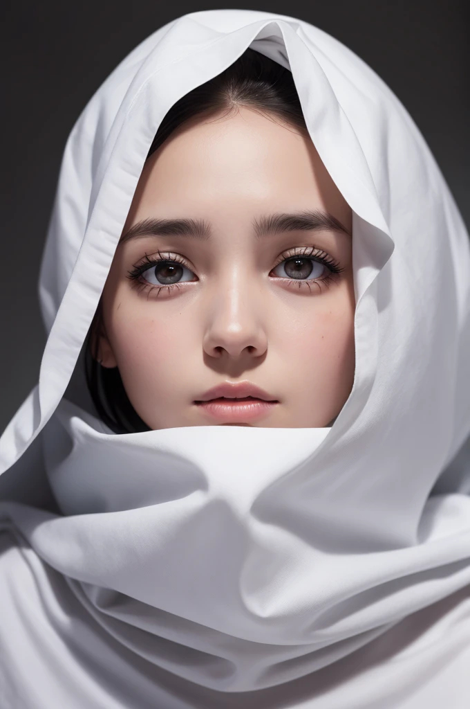 Girl with black eyes covered in a sheet with just her face out 