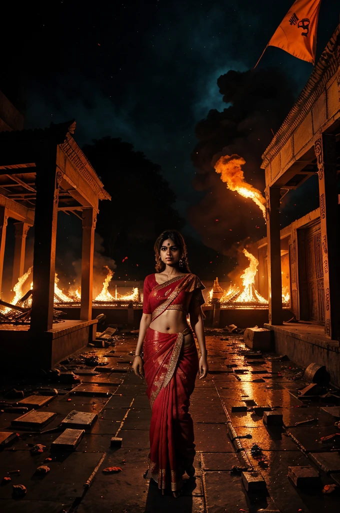 A graphic image of a woman standing in a blood soaked saree with a large pallu flying in a dark night, behind the woman a large Hindu temple in flames with a large saffron flag surrounded by burning houses, Thousands of dead bodies are scattered around, and a Muslim man is torturing a Hindu woman, Bangladesh is written on the temple.