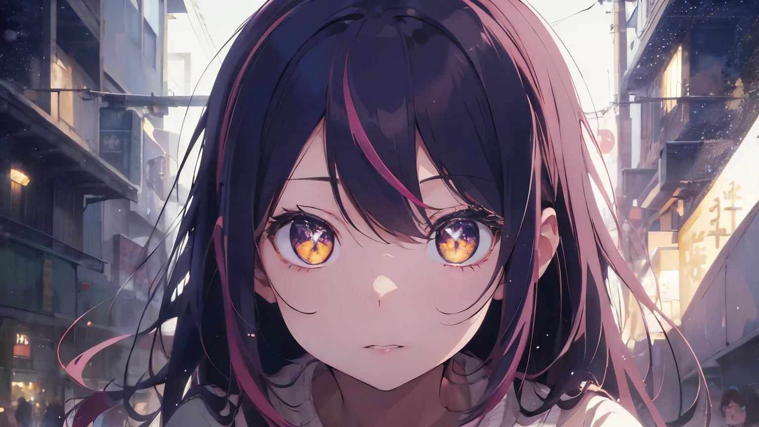 ((Highest quality)), ((masterpiece)), (detailed), One girl、Pink Hair、Yellow Eyes、Long Hair、Hypnosis術師、Hypnosis、Hoshino Ai | Ai Hoshino| Oshi No Ko | My Favorite Child ,hypno,gaze,sweater、look at me、stare