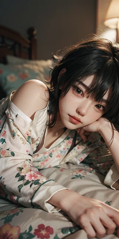 Cute girl lying face down on the bed and looking at you, 22 years old, Realistic, she is wearing shorts, She is wearing floral pajamas, short hair.Shoulder Bare、Chest visible from the front