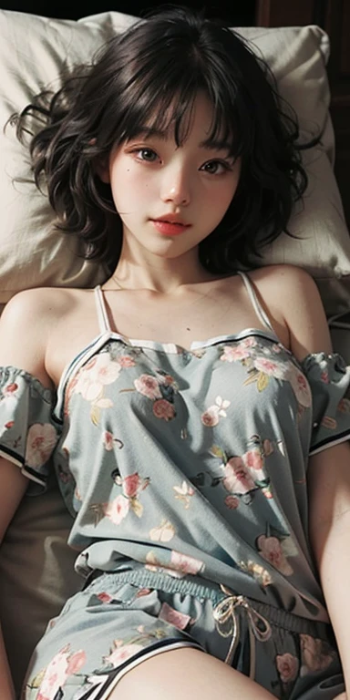 Cute girl lying face down on the bed and looking at you, 22 years old, Realistic, she is wearing shorts, She is wearing floral pajamas, short hair.Shoulder Bare、Chest visible from the front