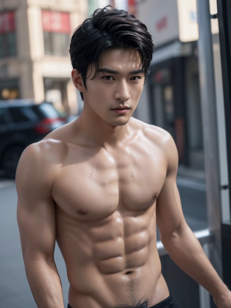 ((High quality)), ((masterpiece)), ((highly detailed)), perfect face, realistic, ((man)), ((Asian)), black hair, comma hair style, ((shirtless)), street, ((handsome)), detailed eyes, beautiful detailed nose, realistic body, realistic light, comfortable exprssions, cute guy, sweat guy, cool guy, clothes