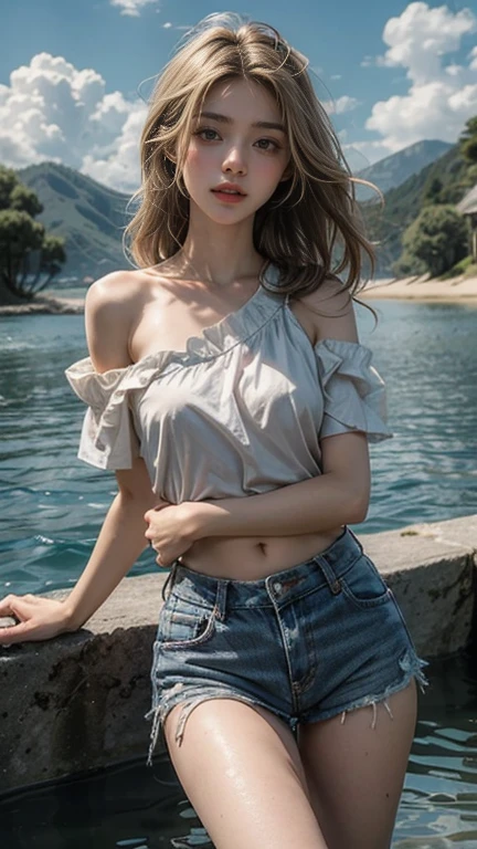 (masterpiece: 1.2, Portraiture, Highest quality), Realistic, (Live Action, Intricate details, Written boundary depth), Highest quality, masterpiece, Attention to detail, semi-Realistic, Swimming in the lake, shy, 21 years old, Short blonde, blue eyes, blonde、 Slim figure、Shoulder Bare、Shorts and T-shirt 、Blue sky and a few clouds、Shoulder Bare