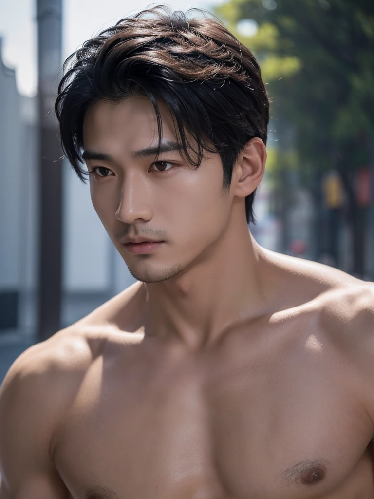 ((High quality)), ((masterpiece)), ((highly detailed)), perfect face, realistic, ((man)), ((Asian)), black hair, comma hair style, ((shirtless)), street, ((handsome)), detailed eyes, beautiful detailed nose, realistic body, realistic light, comfortable exprssions, cute guy, sweat guy, cool guy, clothes 