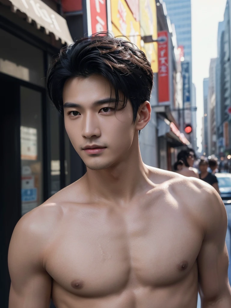((High quality)), ((masterpiece)), ((highly detailed)), perfect face, realistic, ((man)), ((Asian)), black hair, comma hair style, ((shirtless)), street, ((handsome)), detailed eyes, beautiful detailed nose, realistic body, realistic light, comfortable exprssions, cute guy, sweat guy, cool guy, clothes