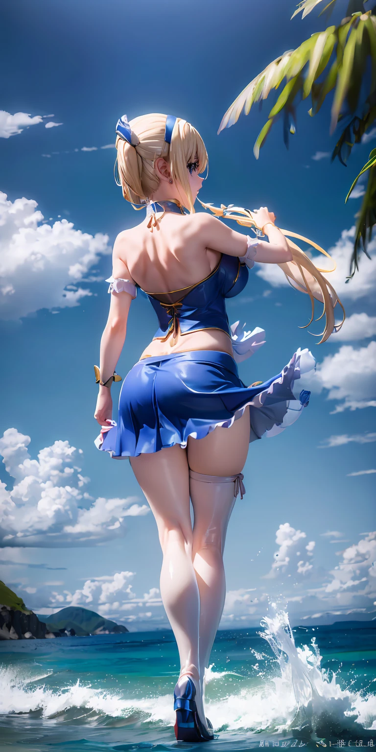 bioluminescent dress、Blonde, waist-length hair tied in a high ponytail、Beauty、、A close-up look at thighs from an angle、Realistic photos、NSFW、、From below、