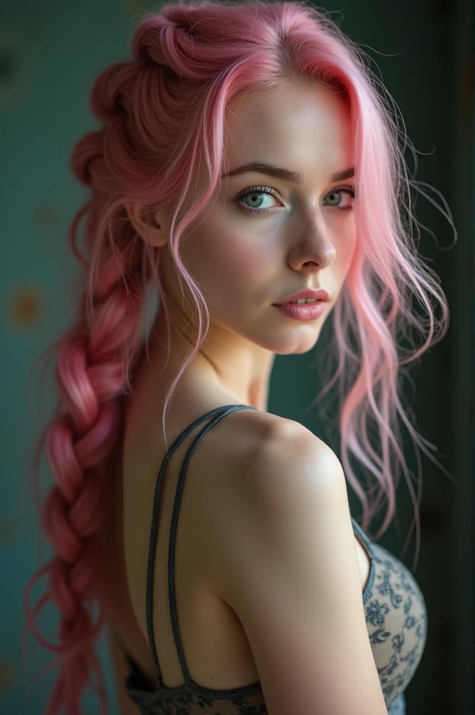 (Realisttic:1.2), analog photo style, Beautiful young woman, posing, long pink hair braided, blue eyes, intense eyes, (steampunk dark fantasy atmosphere), soft natural light, cute and sexy, great quality, Masterpiece, detailed strange background, better performance, 16k quality, RAW photo, naked, nude, from the back, showing ass, beautiful ass, 