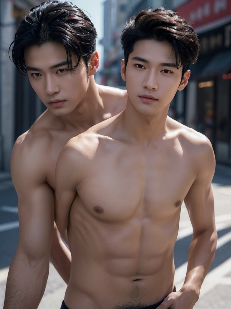 ((High quality)), ((masterpiece)), ((highly detailed)), perfect face, realistic, ((man)), ((Asian)), black hair, comma hair style, ((shirtless)), street, ((handsome)), detailed eyes, beautiful detailed nose, realistic body, realistic light, comfortable exprssions, cute guy, sweat guy, cool guy, clothes 