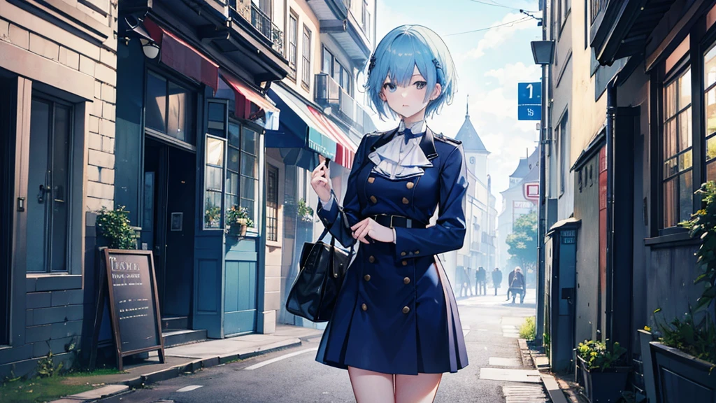 「Blue short hair」in「Girl wearing a German officer's cap」。「Black cloak」Wearing。Background「Berlin city as a battlefield in 1945」