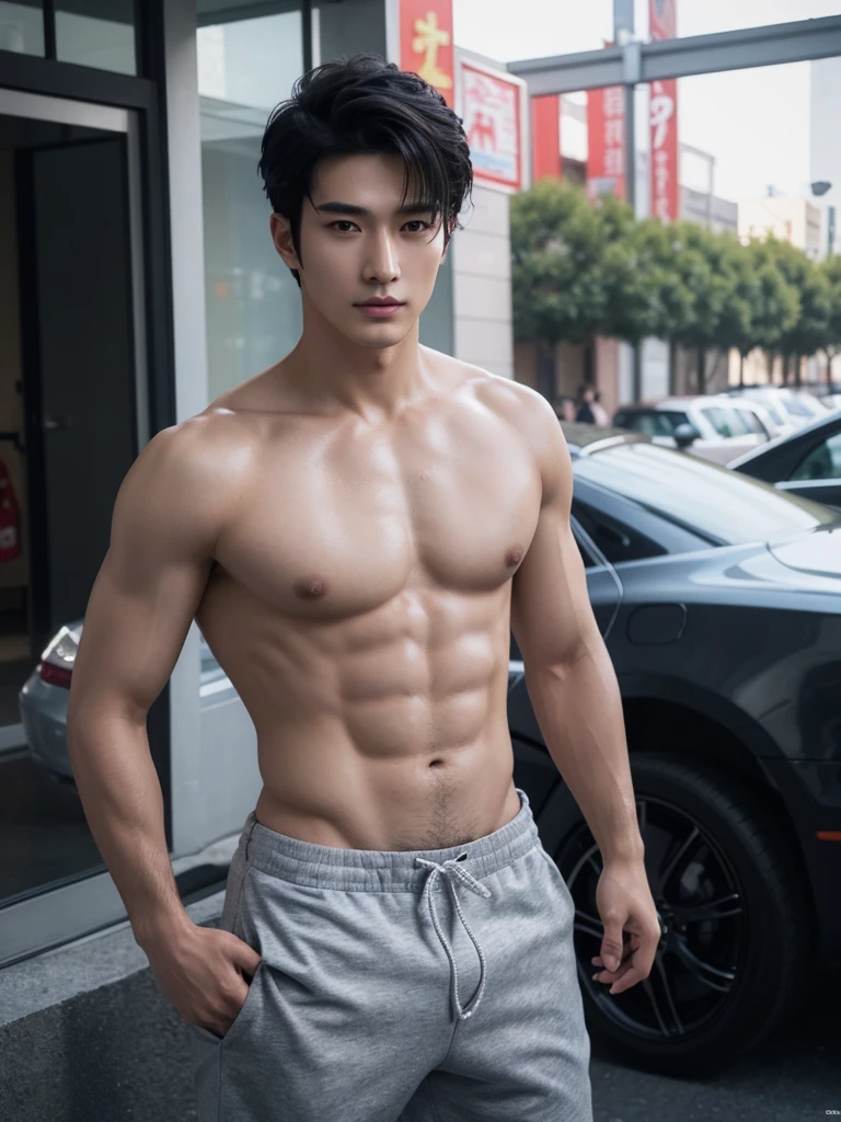 ((High quality)), ((masterpiece)), ((highly detailed)), perfect face, realistic, ((man)), ((Asian)), black hair, comma hair style, ((shirtless)), street, ((handsome)), detailed eyes, beautiful detailed nose, realistic body, realistic light, comfortable exprssions, cute guy, sweat guy, cool guy, clothes 