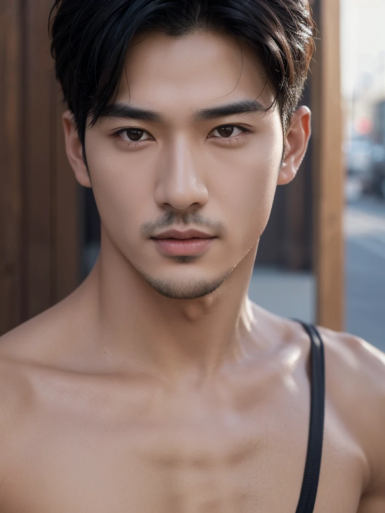 ((High quality)), ((masterpiece)), ((highly detailed)), perfect face, realistic, ((man)), ((Asian)), black hair, comma hair style, ((shirtless)), street, ((handsome)), detailed eyes, beautiful detailed nose, realistic body, realistic light, comfortable exprssions, cute guy, sweat guy, cool guy, clothes, whole body shot