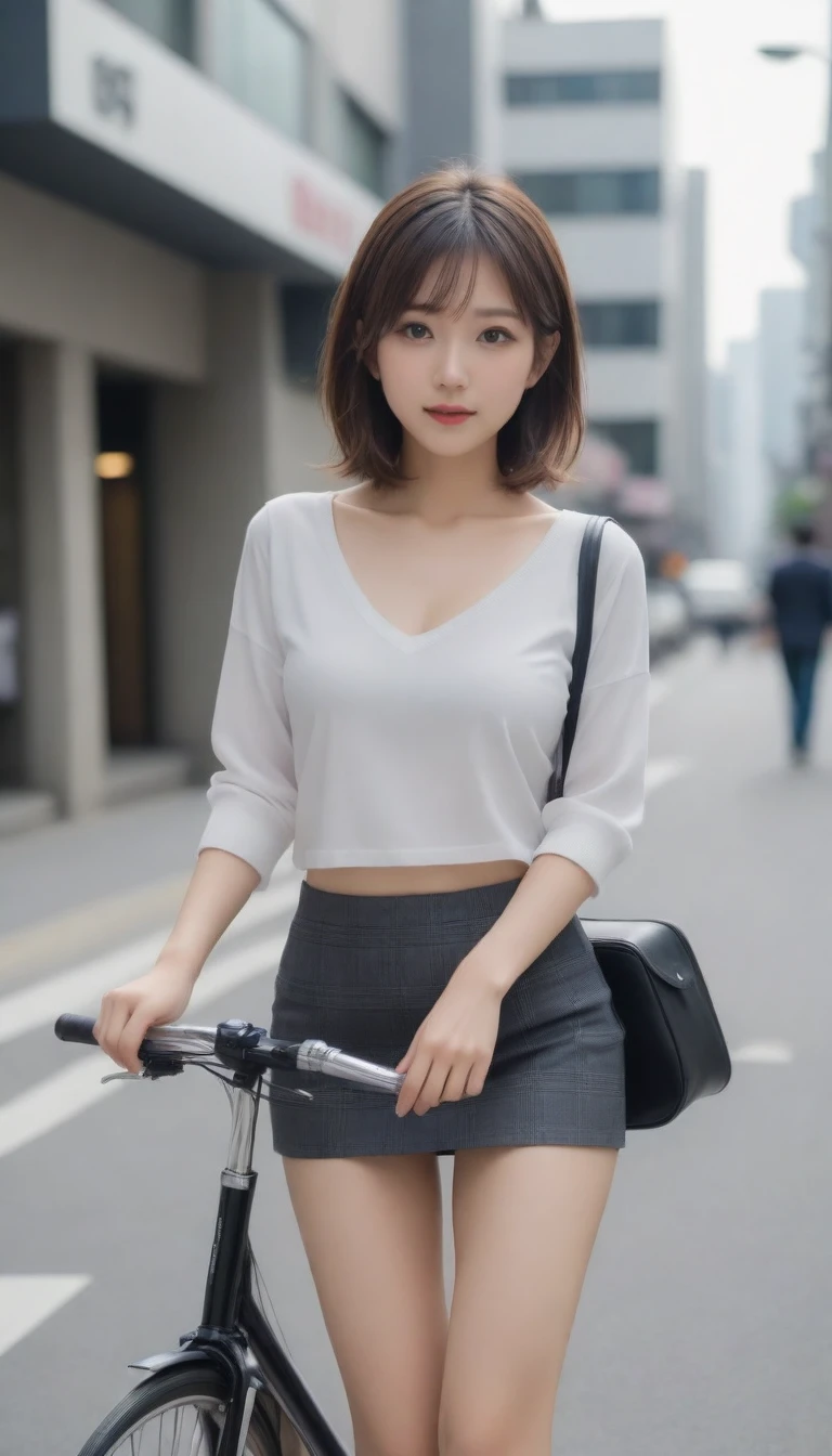 8k, photo realistic, Scores 9, 8, 7, 6, medium closeup, detailed, very sharp, vivid, solo, biking through Tokyo street, high heel, long legs, beautiful eyes, beautiful thighs, office suits, micro mini skirt, cycle basket, (((riding bicycle:1.5))), bicycle, short hair, exact front view, super low angle:1.5, going fast,  depth of field, beautiful big breasts, slender,  the most beautiful woman, double eyelid, beautiful japanese woman, 25 yo, strong wind, slim beautiful legs, sexy pantie stocking, foot on pedal, hip on saddle, up_skirt