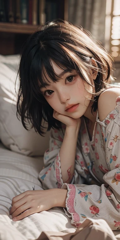 Cute girl lying face down on the bed and looking at you, 22 years old, Realistic, She wears a short, She is wearing floral pajamas, short hair.Shoulder Bare