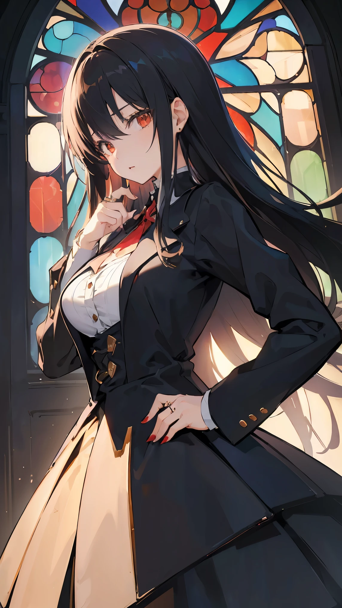 (((Best quality, 8k, Masterpiece: 1.3)), ((best quality)), ((masterpiece)), (detailed), perfect face, high resolution, Textured skin, anime style, Vintage jacket suit, Classic jacket, Woman with dark hair, long hair reaching down to her waist, She is wearing a red ruby ​​ring on her right ring finger, Turn away, Background (stained glass, church), Arms crossed, Put her chest close