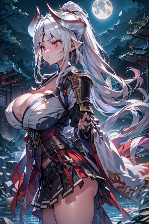 (from side), stifled laugh, (looking away:1.4),
One girl,gran blue fantasy,Azusa,ponytail,((White corner:1.4)),Beautiful and elaborate face,(Huge hips:1.1),(Huge breasts:1.3),
Perfect Eyes,Beautiful Eyes,Symmetrical eyes,Big eyes:1.5,Seductive eyes,Long Hair,(White big horn:1.4),Red Eyes,(Shiny silver hair),
Long Hair,(White big horn:1.4),Red Eyes,(Shiny silver hair),jewelry,Gold earrings,(Realistic eyes, Natural skin texture, Realistic facial details),
glamorous_expensive_Tight waist_Long legs,curve,Cleavage,
((Highest quality)),High resolution,Sharp focus,(Super detailed,Very detailed),{best illustration},(complete anatomy),Perfect Fingers,
(Very detailed CG unity 8k wallpaper),(((Vibrant colors))),Anime Style,
gleaming skin,Natural skin texture 鮮明な詳細,
shiny 肌,very shiny 肌,Shiny body,plastic glitter 肌,exaggerated shiny 肌,illuminated 肌,
pubic hair,Camel Toe,
Japanese Kimono,White kimono,Black Hakama,skirt,Black shiny gauntlets,Red Scabbard Sword, kimono,
Black long sleeves with gold decoration,(White loincloth),white loincloth,
night,old,Shineオーラ,moon,star,Red shiny edges,water surface,autumn,in the forest,Emitting an aura,Shine,fine particles of light,water surfaceにmoonが写る,Japanese style,
Red balustrade,Japanese styleの橋, (Place your hand on the hilt of the sword),
