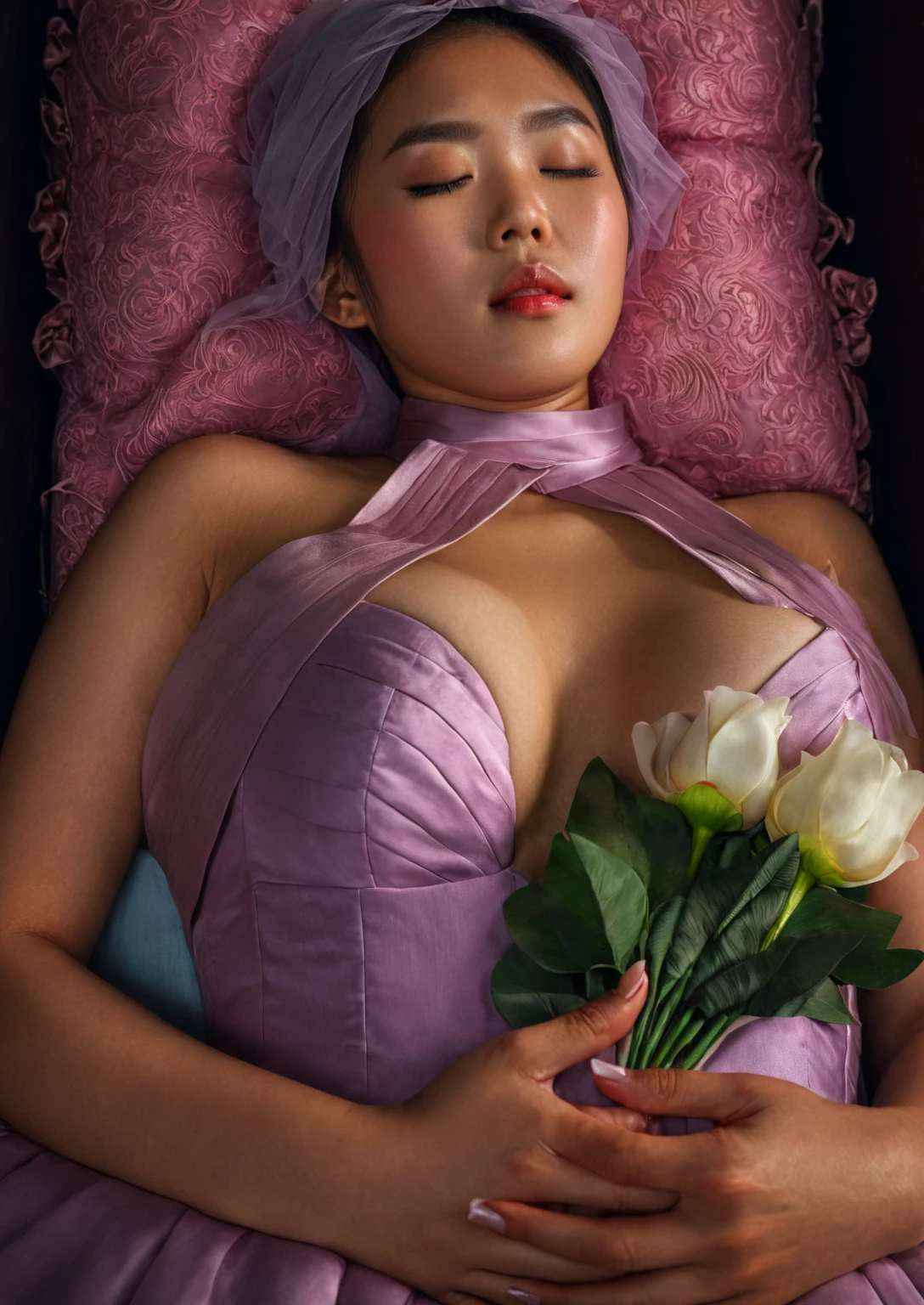 In a striking 8K HDR scene, a stunning Korean woman, 22 years old, lies peacefully in a coffin and coffin cover surrounded by plush pillows behind head. The deep box is set against a rich black background, accentuating the beauty of the subject. Her exquisite deep-V neckline kebaya attire is embroidered with superb detail, showcasing her round and firm breasts, perfect cleavage, and beautiful eyebrows. Her closed eyes and mouth give an air of serenity, while her visible and absolute cleavage leave nothing to imagination. The scene is bathed in saturated colors, highlighting every intricate aspect from the ball skirt to her clean face, straight body, detailed hand perfect hands, straight body, own hands together, own hand on stomach, detailed hands, perfect hands, holding the flowers, waring high heels