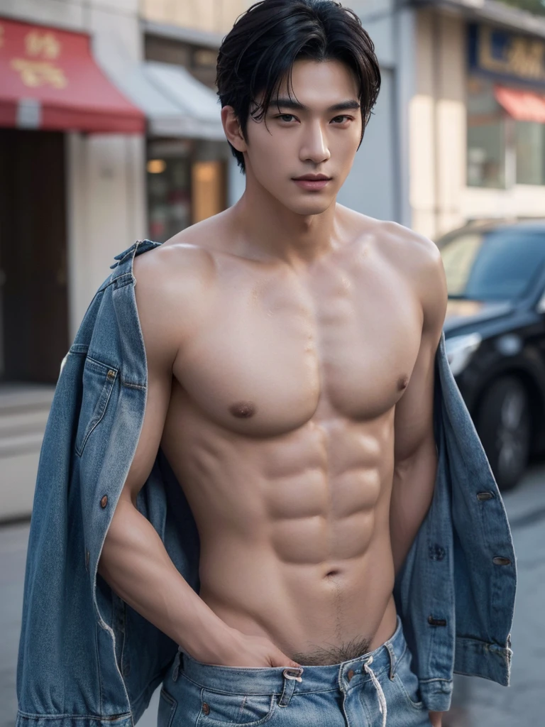 ((High quality)), ((masterpiece)), ((highly detailed)), perfect face, realistic, ((man)), ((Asian)), black hair, comma hair style, ((shirtless)), street, ((handsome)), detailed eyes, beautiful detailed nose, realistic body, realistic light, comfortable exprssions, cute guy, sweat guy, cool guy, clothes, whole body shot