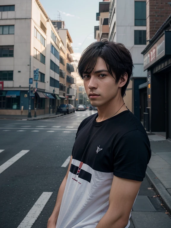 images of a young man in a dark blue T-shirt, realistic anime 3d style, digital anime illustration, work in Guweiz style, Anime style realism, realistic anime style, полуrealistic style аниме, Гладкое аниме CG Art, anime style portrait, realistic style, Makoto Shinkai. digital rendering, young man, Blue eyes, dark brown hair, artistic portrait, Clean lines, Precise details, Urban landscapes, (detailing of the urban landscape), Street portraits, Architectural details, Zoomed in portraits, Silky skies