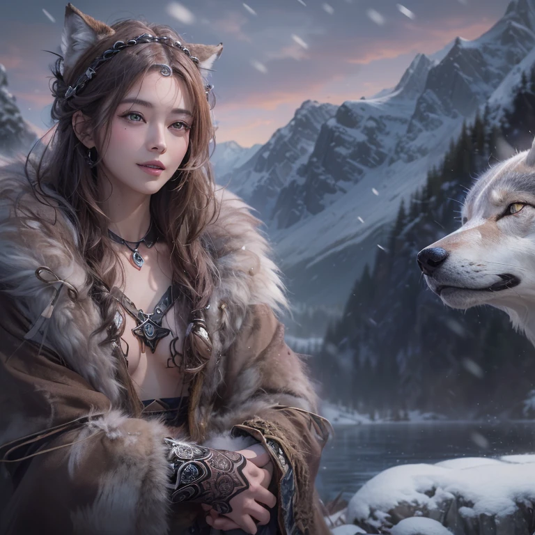 Lakeside surrounded by snowy mountains、Hair Flow、 ((Highest quality、masterpiece、8k、Best image quality、Ultra-high resolution、Award-winning works)、(Accurate anatomy:1.1)、(Look at me and smile:1.1)、Shining fair skin with Ultra-high resolution、The most detailed face、Ultra-high resolution detailed face、Ultra-high resolutionの髪の毛、(Ultra-high resolutionの煌めく瞳:1.1)、Beautiful face drawn in every detail、Ancient Viking clothing, Chest to chest, tattoo, A real wolf is by your side