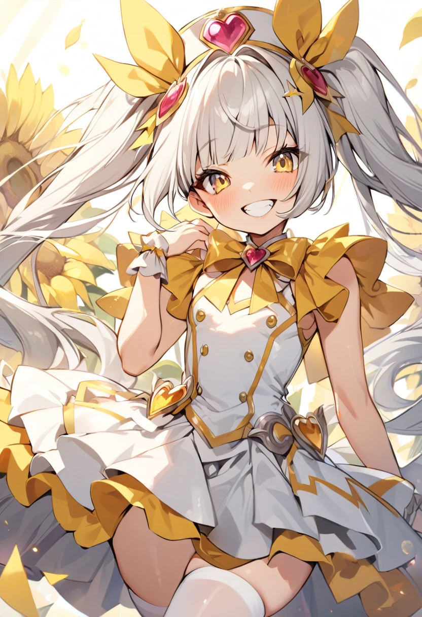 high quality, detailed, 1girl, magical girl, army costume, , small chest, white clothes, white beret, white thighhigh, blunt bangs, white hair, long hair, twintail, yellow ribbon, grin, yellow eyes, sunflower