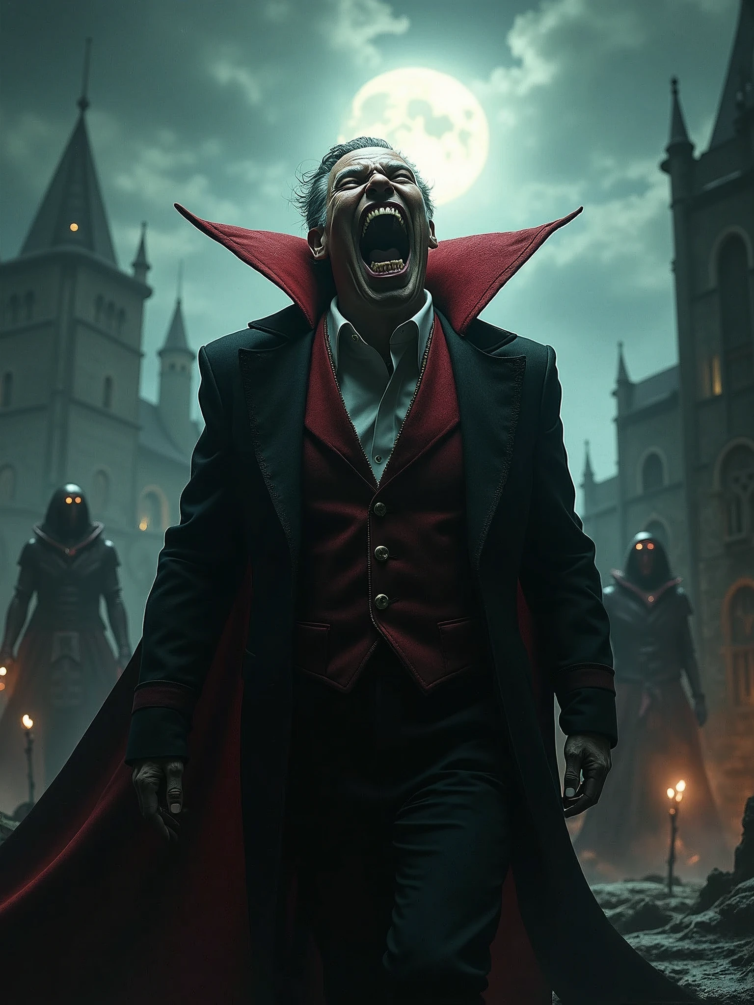 A male vampire standing aggressively on a graveyard, vampire bats are flying aggressively, night, horror, movie poster, oil painting effect, angry, motion, Indian, red eyeball, moon, long teeth, long nail,
