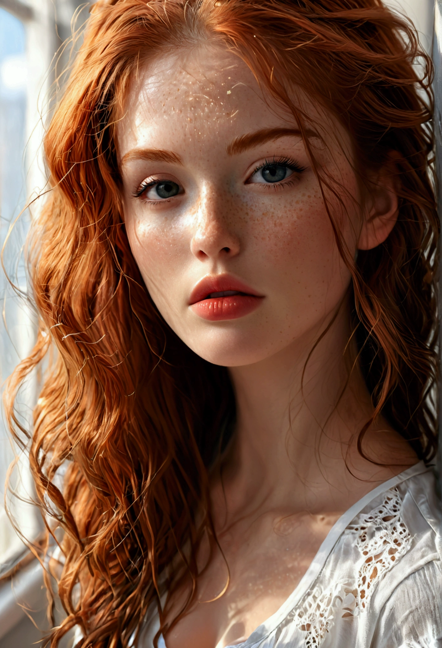 photorealistic image of a woman, ultrarealistic, photography, long red hair, woman, 24 years old, hourglass figure, perfect body, Flirty look, natural medium breasts, Ginger long hair, t shirt jeans, woman, relaxed, clear skin, high cheekbones, tight shirt, bumps, braless, perky, realistic, detailed skin, realistic eyes, white shirt, tight, sheer, detailed realistic skin light freckles, big eyelashes, pouty lips.