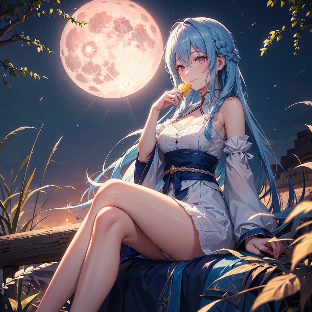 Sky blue hair, (Braided medium hair), (Pink eyes),Fair skin)  ,(whole body),(One Girl),(harvest moon),(A large amount of Miscanthus sinensis in the background),(full moon),(masterpiece, Highest quality, Very detailed, Best Shadow), (Detailed Background), (Beautifully detailed face), High Contrast, (Best lighting, Very delicate and beautiful), ((Cinematic Light)), Hyper Detail,8k, Dramatic Light, Intricate details,Sitting and eating rice dumplings with a smile