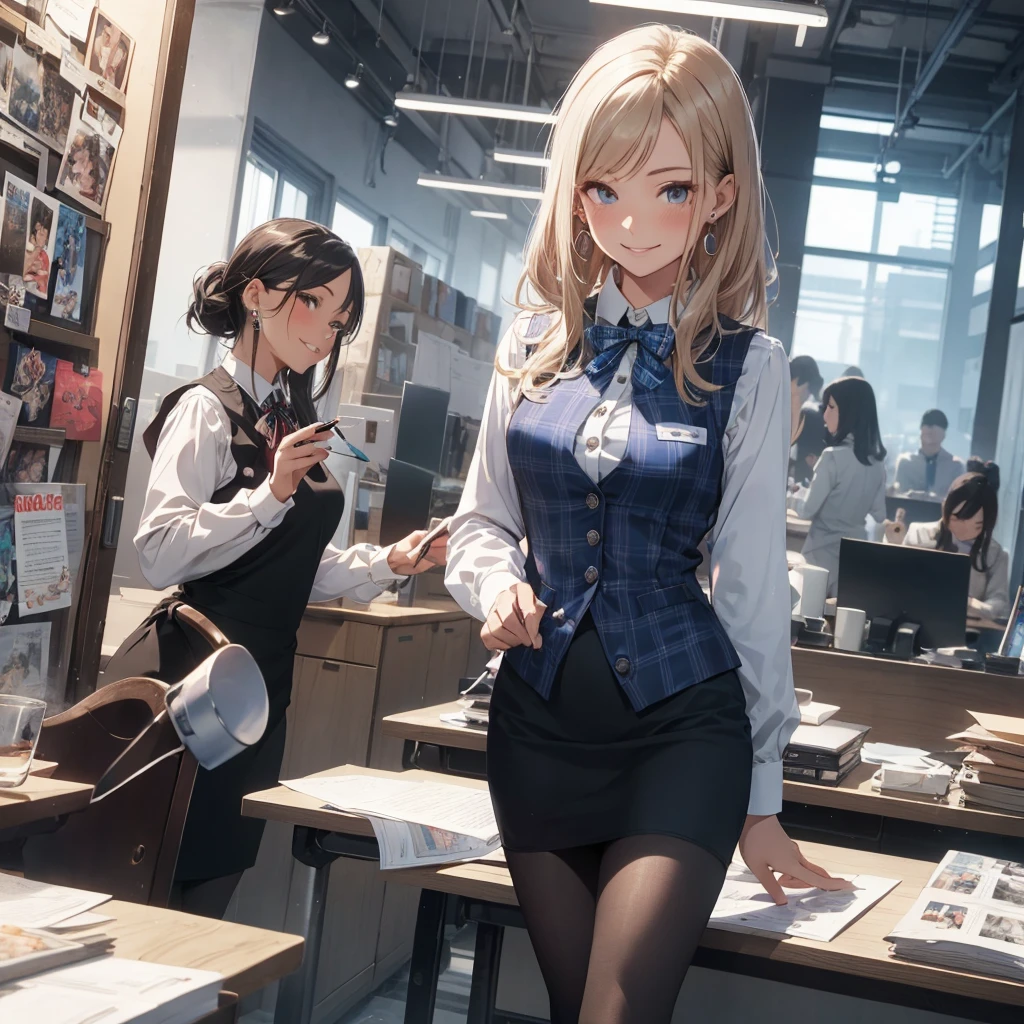 (Best Quality, Masterpiece),Wearing a pink plaid vest, White short sleeved shirt, Gray pencil skirt, Wear stiletto heels, Necklace, earrings, Cute face, Smile, Blushing, Shyness, Glass wall, Ultra Detail, Realistic, Front view, Whole body, stunning, cute, warm smile, hourglass figure, apron, text, chart, advertising, magazine title(Best Quality, Masterpiece), Mag((((1ladyl,)))) (masterpiece), (realistic), (best quality), (ultra-detailed), (wearing in [[white and gray check pattern]] Vest worn over white collared long-sleeved shirt:1.4), (gray vest with buttons:1.2), (Pink Theme:1.2), (blue ribbon ribbon:1.3), (Black theme:1.4), (Tight black pencil skirt:1.5), ((Brown pantyhose)), (high-heels:1.1),longskirt,office desk, office chair,Lulubre Unity 8K Wallpaper, pantyshot, long brown hair, office lady Magazine Cover, 1girl,  amazing, girl, 30 years old, house wiife, warm smile, hourglass figure, text, chart, advertising, magazine title