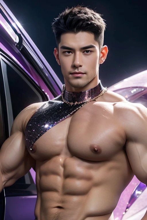 quarter body photorealistic handsome hunky fractal masculine black haired Cresc wearing a Violet with gold transparent crystal chrome glass trimmings super suit , look at camera, detailed face parts,, moon as background, Freestyle Pose, Happy Expression, perfect anatomy, symmetric body,, 18 years old, :: high detail, a lean athletic body, realistic, human skin, extremely detailed fingers, chad chin,, masculine, human skin, , gorgeous, Attractive. super bulges in action . camera focus face front
