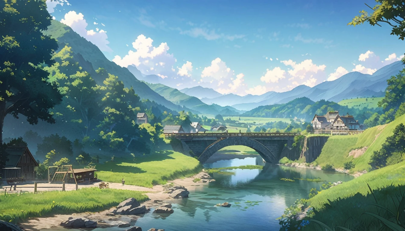 There is a painting of a bridge over a river with mountains in the background., Detailed Landscape — Width 672, Anime countryside landscape, Anime scenery wallpaper, Beautiful anime scenery, Anime scenery, Landscape painting, Detailed painting 4k, Beautiful peaceful scene in anime, Anime sceneryコンセプトアート, Landscape painting 詳細, Makoto Shinkai&#39;s Style, Ross Tran. Landscape Background