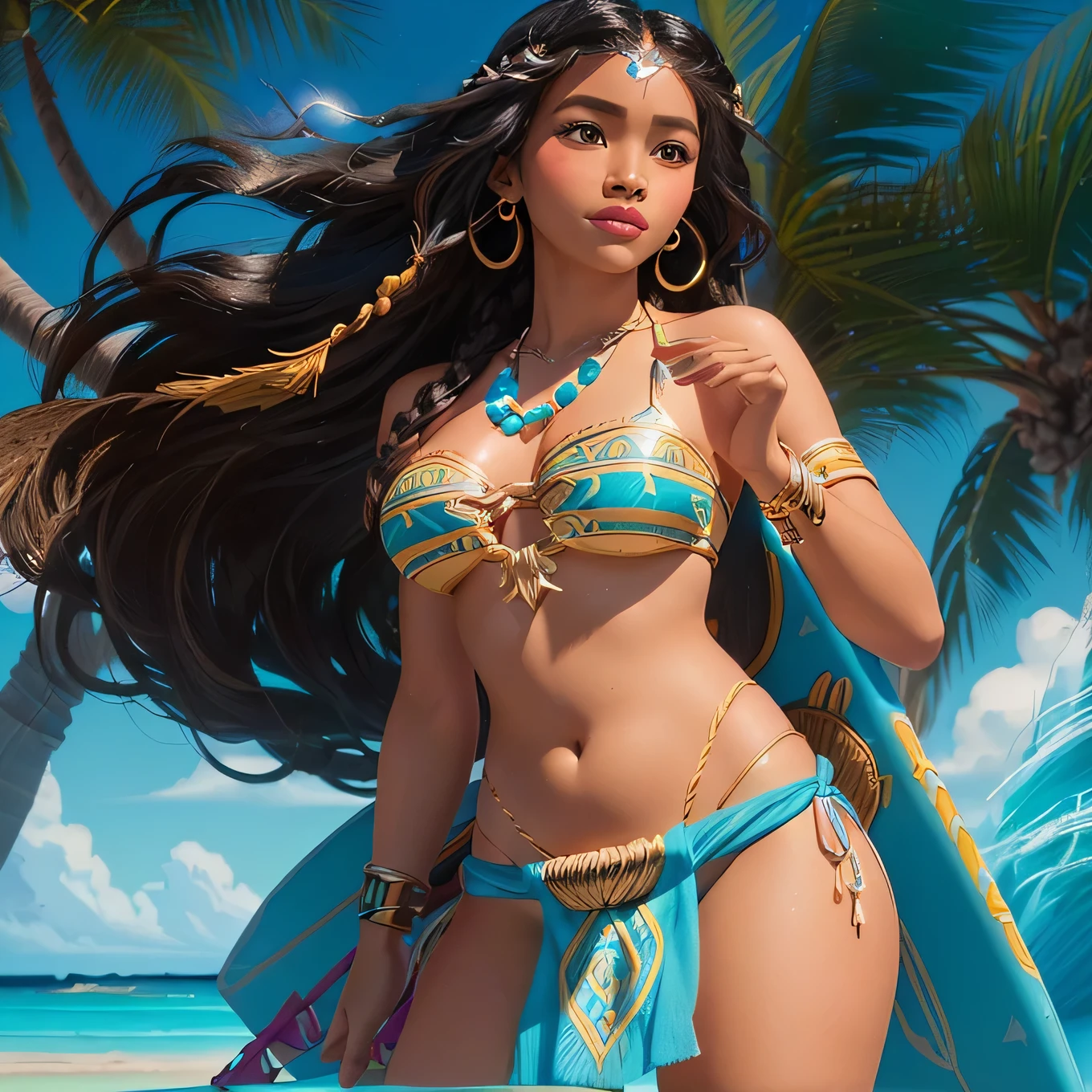 Young indian brown woman is wearing a strapless saree, sea beach, detailed body and face, tattoed hands, big bright eyes, oily skin, charming, curvy body, big belly and breasts, sexy, perfect anatomy, braid hair, detailed background, ultra quality, detailed shadow, ultra textures, god rays, ray tracing nvidia, 8k