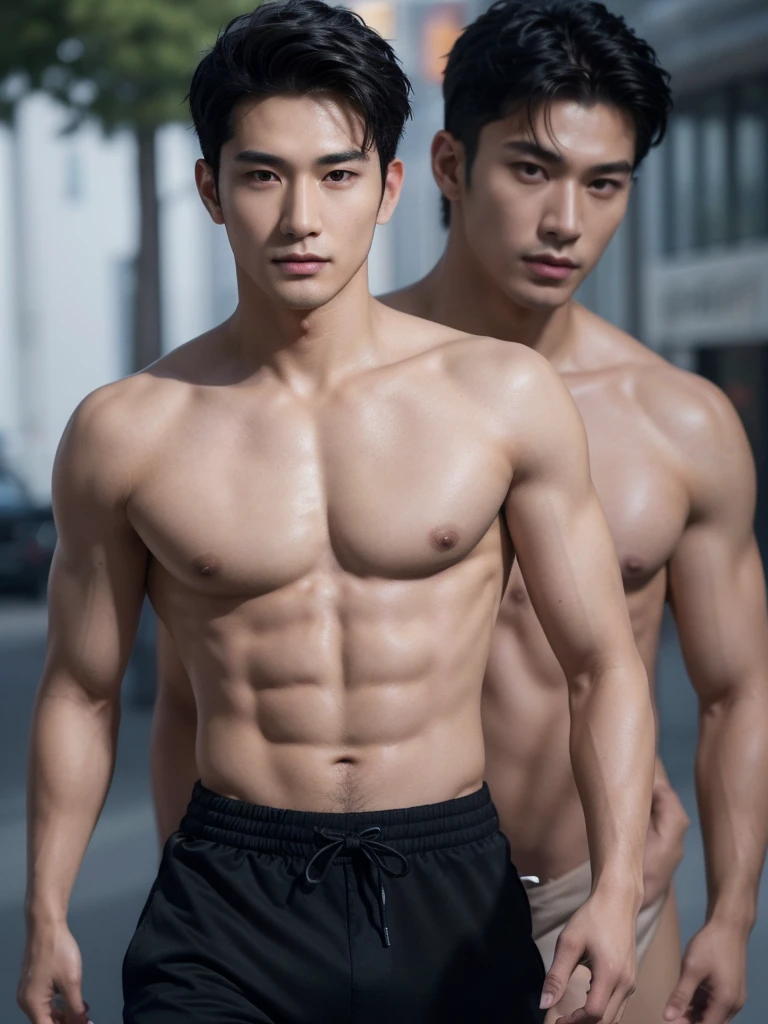((High quality)), ((masterpiece)), ((highly detailed)), perfect face, realistic, ((man)), ((Asian)), black hair, comma hair style, ((shirtless)), street, ((handsome)), detailed eyes, beautiful detailed nose, realistic body, realistic light, comfortable exprssions, cute guy, sweat guy, cool guy, clothes, whole body shot