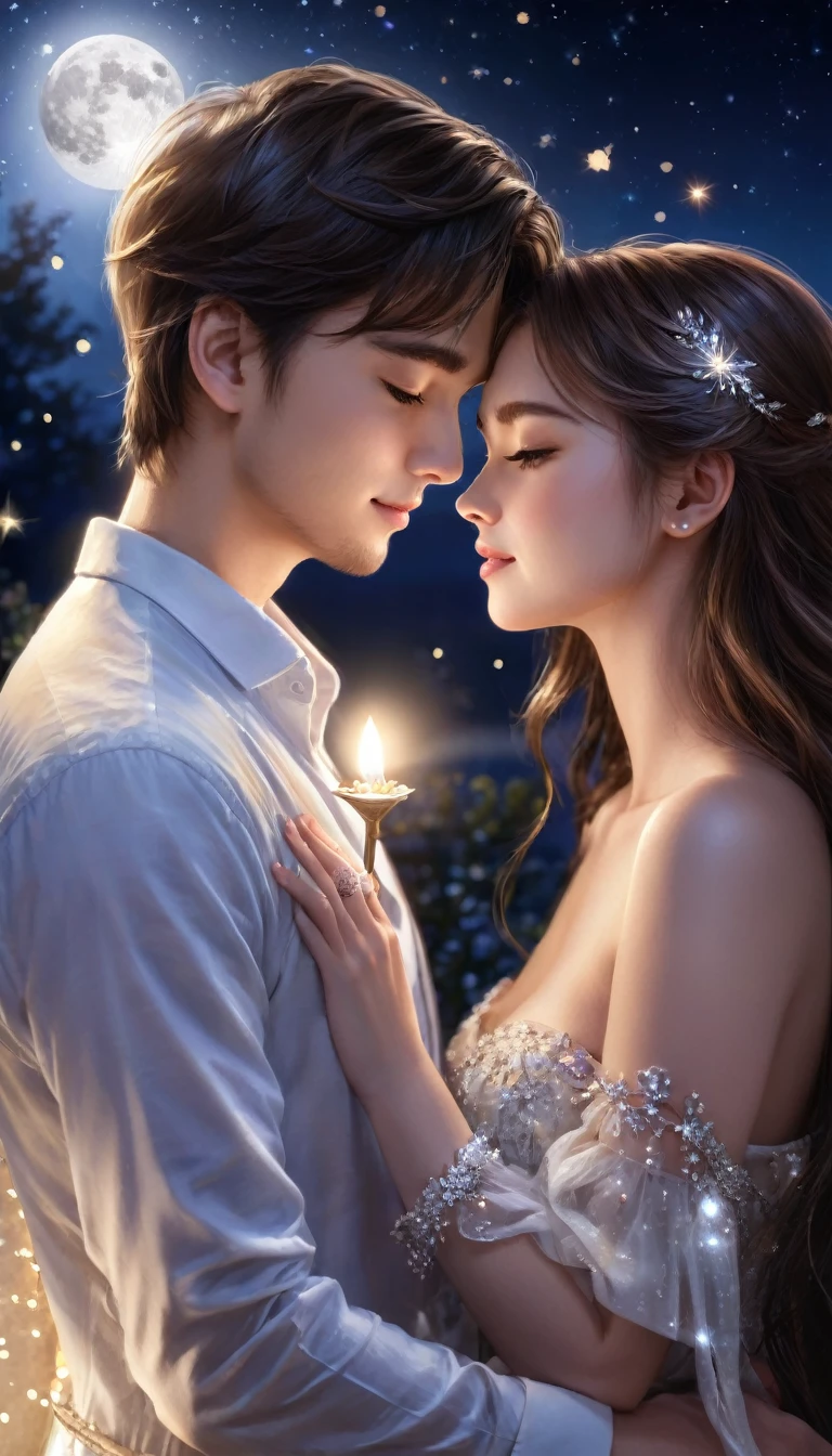 1girl and 1boy, Moonlight, Proposal, Romance, Love, Engagement, Serenity, Candlelight, Starry Night, Intimacy, Emotion, Passion, Diamond Ring, Surprise, Memorable Moment, Dreamy, Secretive, Embrace, Whispering, Promise, Eternity, Fairy Tale,highres,ultra detailed,best quality,masterpiece