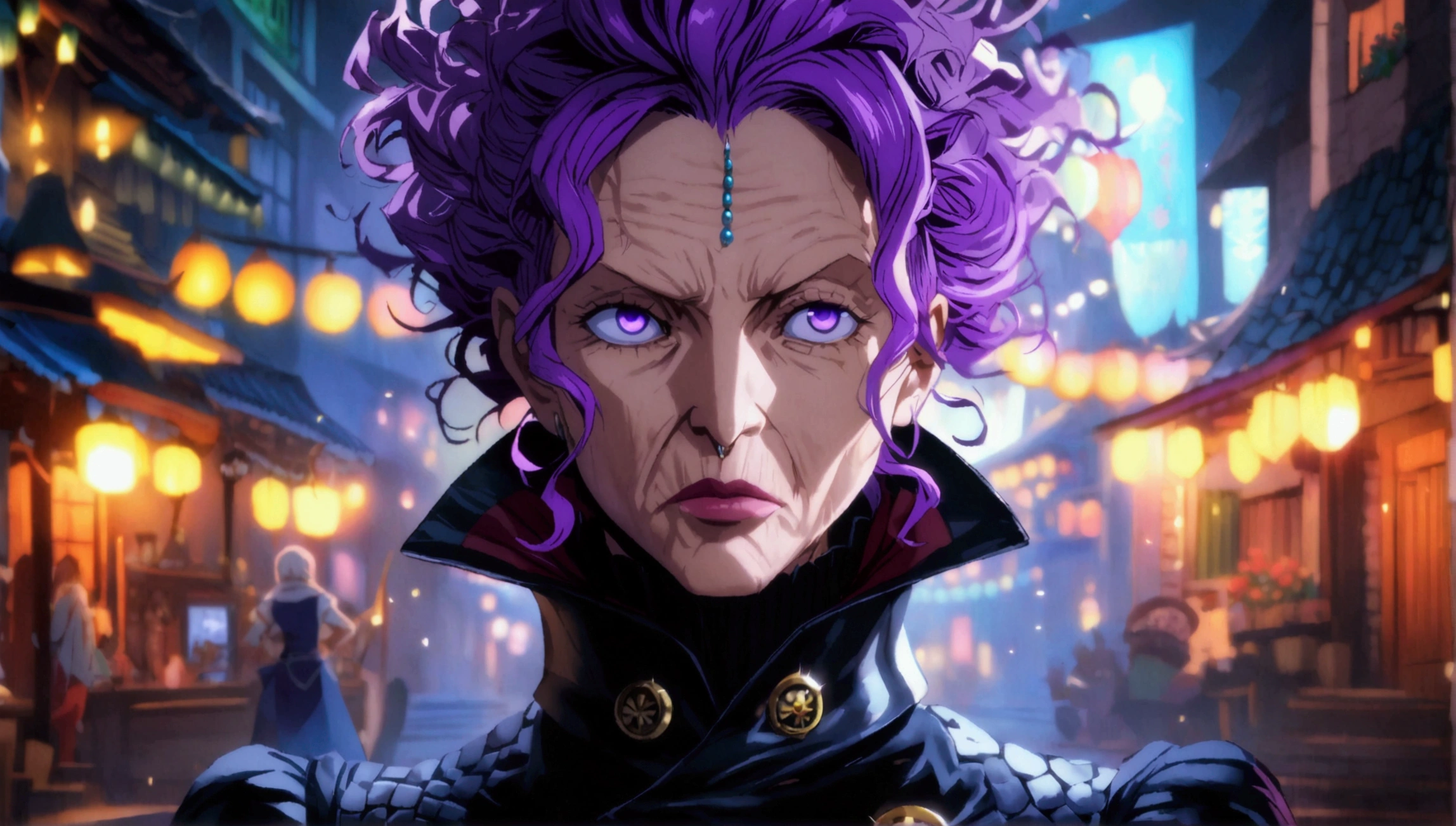Old woman, thin and muscular body, purple spiky hair, vibrant purple eyes, piercing gaze, black coat with high collar, dark night background, "Anime character design inspired by One Piece, dramatic and impressive lighting, focus on the centralized character, impressive face, full of creative details, ultra-fine 2D design, scenery bathed in creativity, boasting 2D anime resolution clarity, HD anime graphics, high-octane rendering"