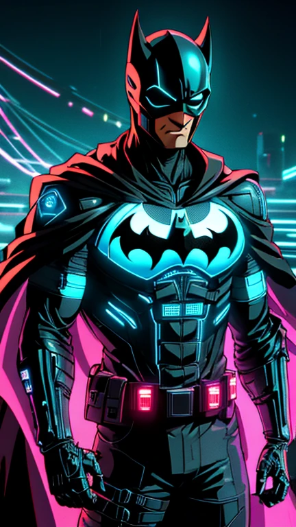 (1man, Batman), (extremely detailed CG unit 8k wallpaper),(master part), (best quality), (ultra detail), (best illustration),(1990s \(style\), retro artstyle), cowboy shot, (Sharp eyeliner, ombre, detail eyes:1), dark neon light cyberpunk interiors background, ,break , (cyberbody, neonbody, lightstreak, holodrift, cablelink), upper body, camisa, black helmet, black domino mask, black cape,