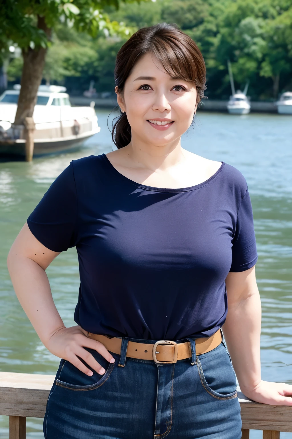 Aunt in Osaka、Organic Photography、best quality、masterpiece、Ultra-high resolution、Beautiful old lady、50 years old、full-body shot,Elegant face、Toothy Smile、Put your hands on your chest,Large Breasts,Wear a tight T-shirt,Skinny denim skirt、Hair Bunch、High Ponytail,Hot Pants,By the Thames,In front of the Thames,Background blur
