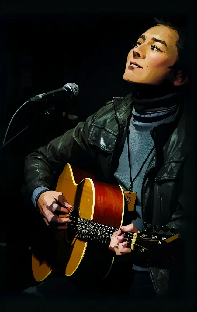 Araped man wearing leather jacket playing guitar and singing into microphone, ((tatsuro yamashita)), Singer-songwriter, gregg araki, Mark Lee, Winona Nelson, Eddie, who dies, Alan Lee, Koji Morimoto, Masahiro Ito, tatsuro yamashita, yoji takeshige, Singer-songwriter