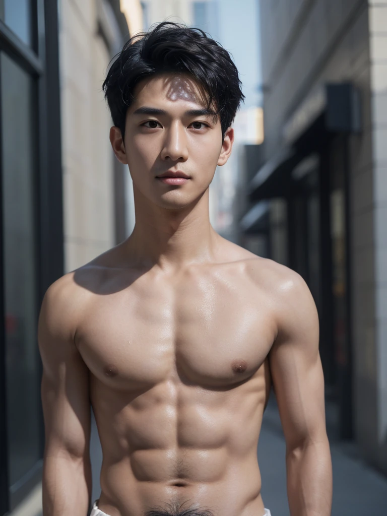 ((High quality)), ((masterpiece)), ((highly detailed)), perfect face, realistic, ((man)), ((Asian)), black hair, comma hair style, ((shirtless)), street, ((handsome)), detailed eyes, beautiful detailed nose, realistic body, realistic light, comfortable exprssions, cute guy, sweat guy, cool guy, clothes, whole body shot
