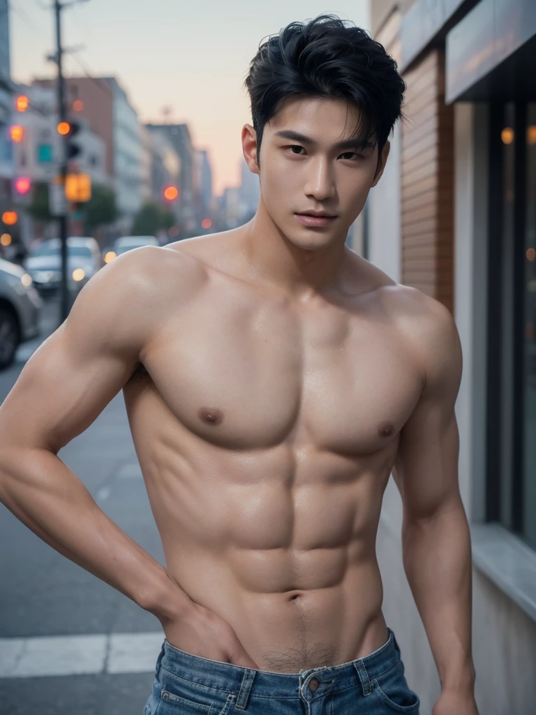 ((High quality)), ((masterpiece)), ((highly detailed)), perfect face, realistic, ((man)), ((Asian)), black hair, comma hair style, ((shirtless)), street, ((handsome)), detailed eyes, beautiful detailed nose, realistic body, realistic light, comfortable exprssions, cute guy, sweat guy, cool guy, clothes, whole body shot
