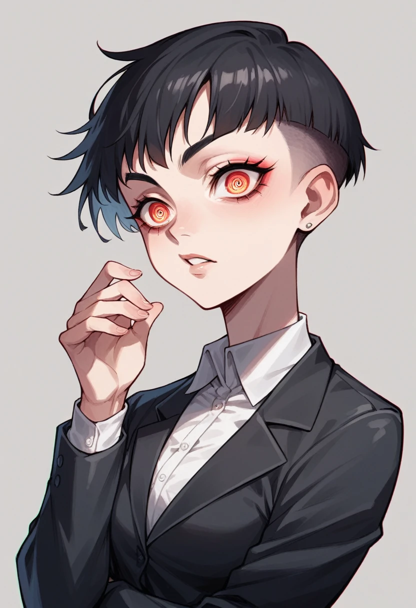 Spider woman, extra eyes, short black hair, sidrcut, black suit