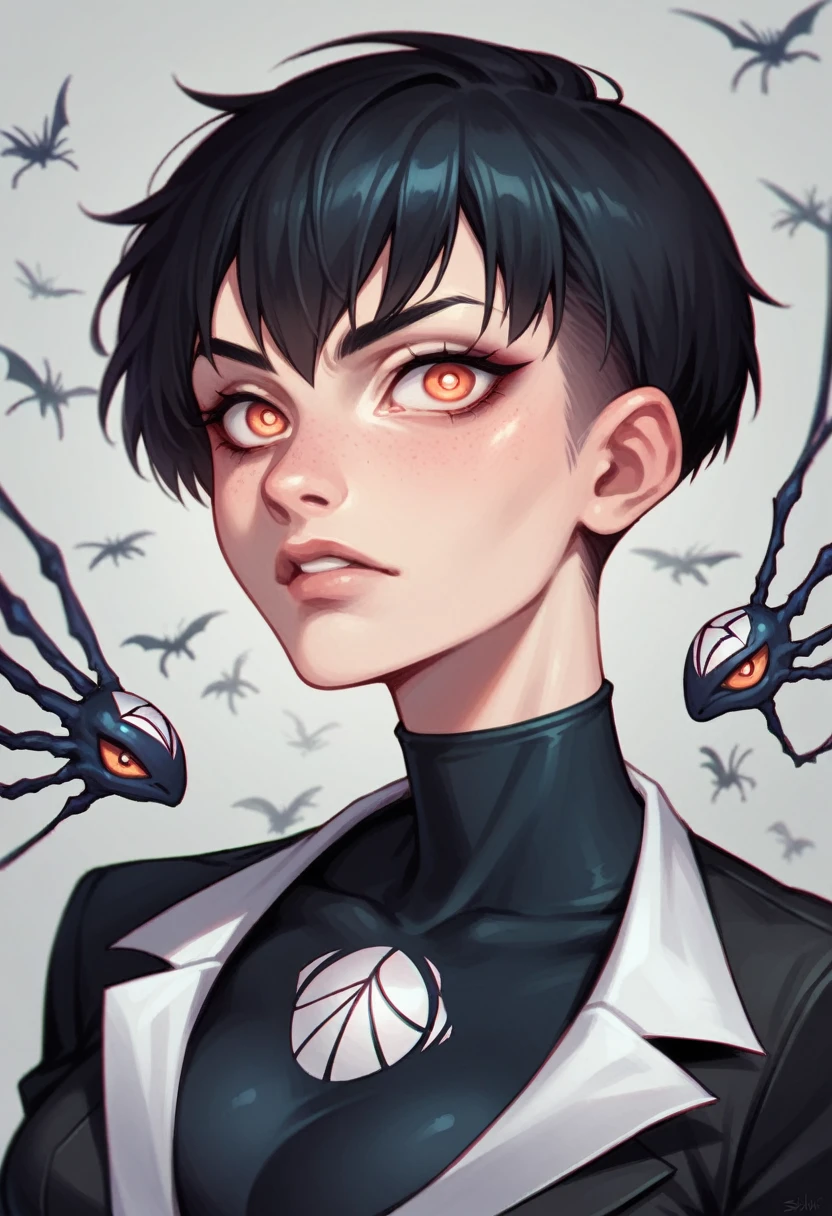 Spider woman, extra eyes, short black hair, sidrcut, black suit