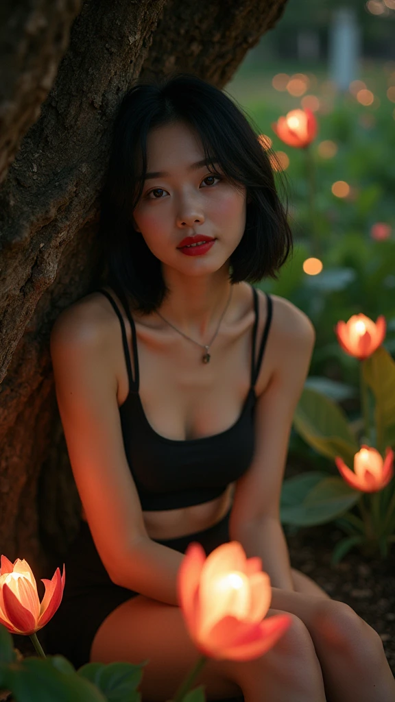 ((A commemorative photo taken at the flower garden at dusk, with the night-blooming cereus flower in the background)),((A beautiful girl is Sitting in the hollow of a giant tree)), (masterpiece:1.3), light makeup, red lips, beautiful hair, Black hair, (Long bob hair:1.3), elegant, soft lighting, Very fine details, masterworks, authentic texture, perfect work, (1 girl), (One Woman), 16k, high resolution, exquisite features, brown eyes, (Ultra-high resolution eye:1.1), Japanese idol, beautiful face, ((artists work)), (gentle smile like a goddess), attractive, well-shaped breasts, beautiful cleavage, shiny skin, smooth skin, BREAK, (Ash Calvin Klein sports bra and hight cut panties:1.4), (Perfect fit and micro sized), earrings, necklace, BREAK, upper body, (Sitting position), (open legs), (leaning forward:1.3), ((Asking for a kiss:1.2)), (lovely smile), from below, Low Angle Shot,