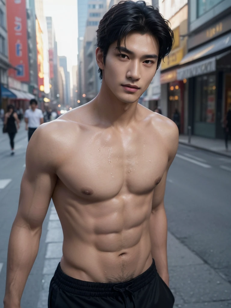 ((High quality)), ((masterpiece)), ((highly detailed)), perfect face, realistic, ((man)), ((Asian)), black hair, comma hair style, ((shirtless)), street, ((handsome)), detailed eyes, beautiful detailed nose, realistic body, realistic light, comfortable exprssions, cute guy, sweat guy, cool guy, clothes, whole body shot