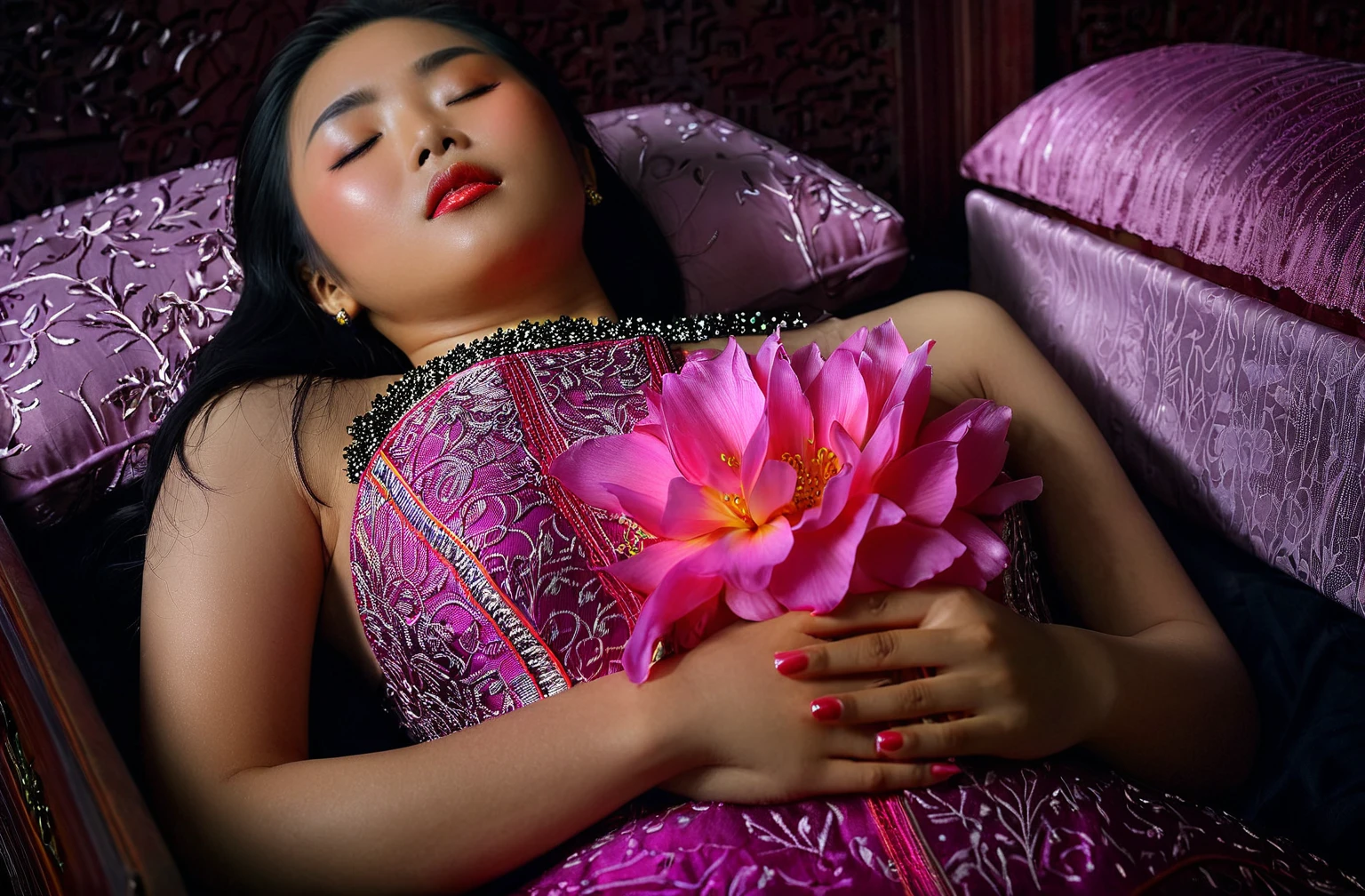 In a striking 8K HDR scene, a stunning Korean woman, 22 years old, lies peacefully in a coffin and coffin cover surrounded by plush pillows behind head. The deep box is set against a rich black background, accentuating the beauty of the subject. Her exquisite deep-V neckline kebaya attire is embroidered with superb detail, showcasing her round and firm breasts, perfect cleavage, and beautiful eyebrows. Her closed eyes and mouth give an air of serenity, while her visible and absolute cleavage leave nothing to imagination. The scene is bathed in saturated colors, highlighting every intricate aspect from the ball skirt to her clean face, straight body, detailed hand perfect hands, straight body, own hands together, own hand on stomach, detailed hands, perfect hands, holding the flowers, waring high heels