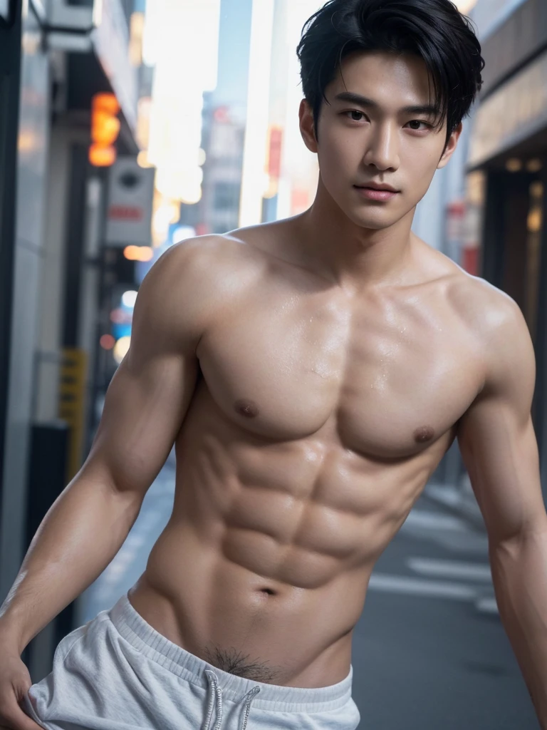 ((High quality)), ((masterpiece)), ((highly detailed)), perfect face, realistic, ((man)), ((Asian)), black hair, comma hair style, ((shirtless)), street, ((handsome)), detailed eyes, beautiful detailed nose, realistic body, realistic light, comfortable exprssions, cute guy, sweat guy, cool guy, clothes, whole body shot