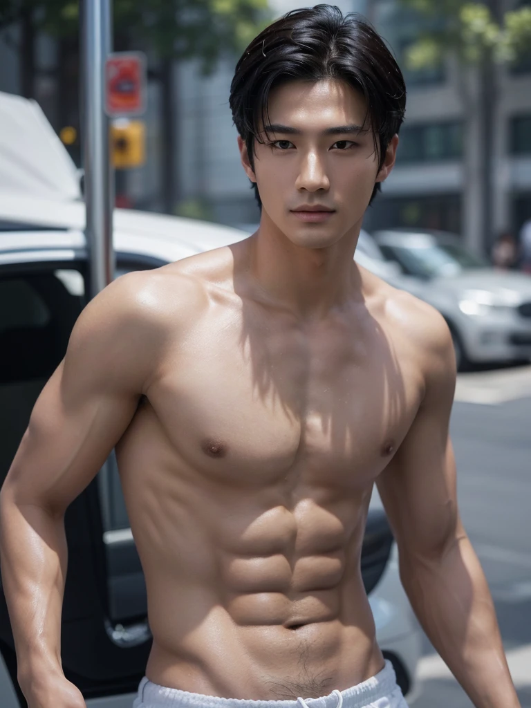 ((High quality)), ((masterpiece)), ((highly detailed)), perfect face, realistic, ((man)), ((Asian)), black hair, comma hair style, ((shirtless)), street, ((handsome)), detailed eyes, beautiful detailed nose, realistic body, realistic light, comfortable exprssions, cute guy, sweat guy, cool guy, clothes, whole body shot