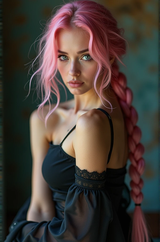 (Realisttic:1.2), analog photo style, Beautiful young woman, posing, long pink hair braided, blue eyes, intense eyes, (steampunk dark fantasy atmosphere), soft natural light, cute and sexy, great quality, Masterpiece, detailed strange background, better performance, 16k quality, RAW photo, lengerie, from the back, showing ass, beautiful ass, realistic tits,