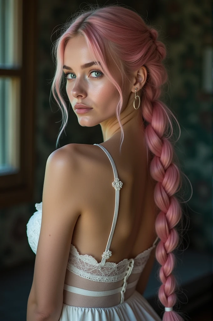 (Realisttic:1.2), analog photo style, Beautiful young woman, posing, long pink hair braided, blue eyes, intense eyes, (steampunk dark fantasy atmosphere), soft natural light, cute and sexy, great quality, Masterpiece, detailed strange background, better performance, 16k quality, RAW photo, lengerie, from the back, showing ass, beautiful ass, realistic tits,