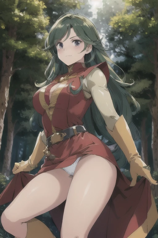 Highest quality, masterpiece, Ultra-high resolution, Strong Woman, Long Curly Hair, Leather Armor, Medieval costume, Shooter, Exquisite Bow, Mystical Runes, Magic, Detailed background, forest, extreme detailed, 4K,  masterpiece, Highest quality, One girl,alone, Chizuru,Crouching、White panties are visible、With legs apart、Angle from behind