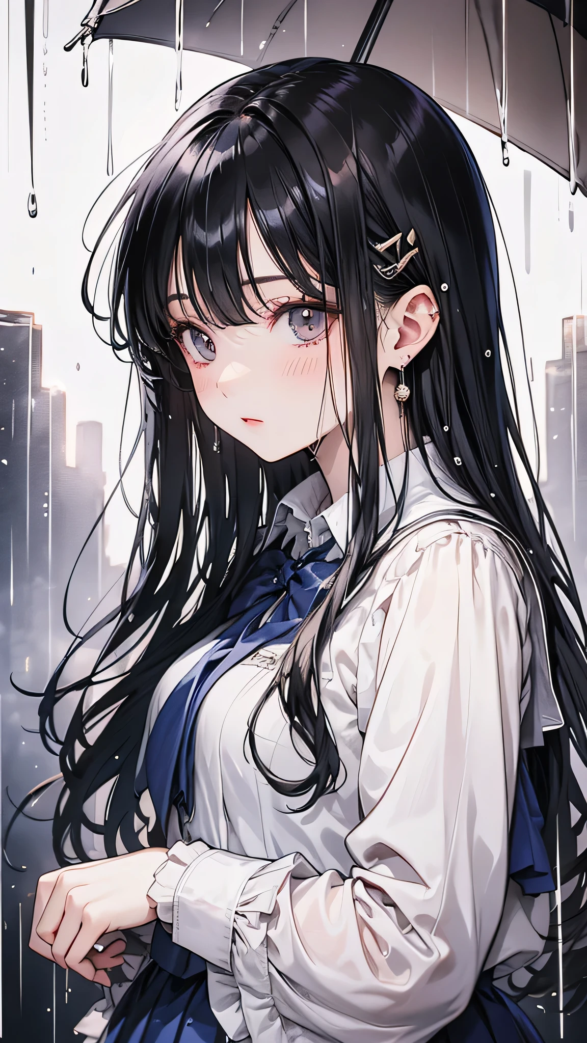 One girl, Long black hair,Schoolgirl uniform, shy, blush, Wet, rain, transparent, (masterpiece, Highest quality), Soft Light, Structure of the film, Cinematic Light